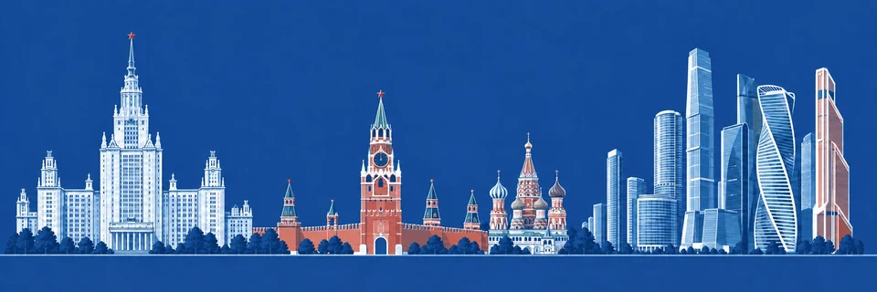 Иллюстрация Москвы: высотка со шпилем, Кремль, Москва-Сити